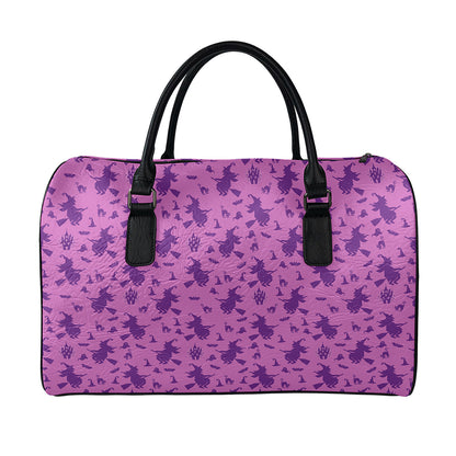 Purple Halloween Witch Pattern Print Leather Duffle Bag