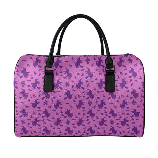Purple Halloween Witch Pattern Print Leather Duffle Bag