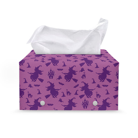 Purple Halloween Witch Pattern Print Leather Tissue Box Cover