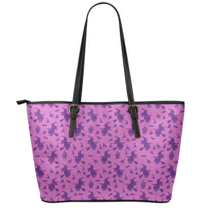 Purple Halloween Witch Pattern Print Leather Tote Bag