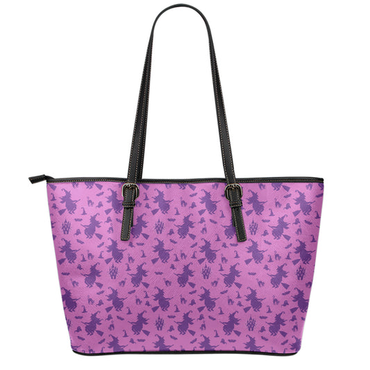 Purple Halloween Witch Pattern Print Leather Tote Bag