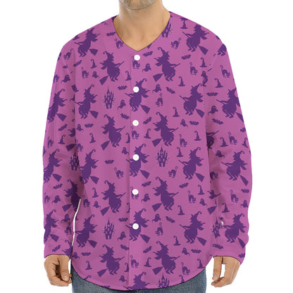 Purple Halloween Witch Pattern Print Long Sleeve Baseball Jersey