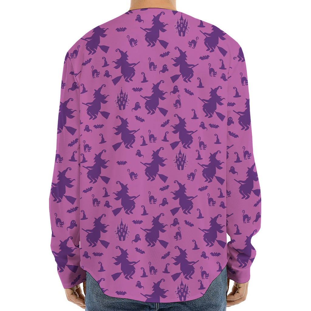 Purple Halloween Witch Pattern Print Long Sleeve Baseball Jersey