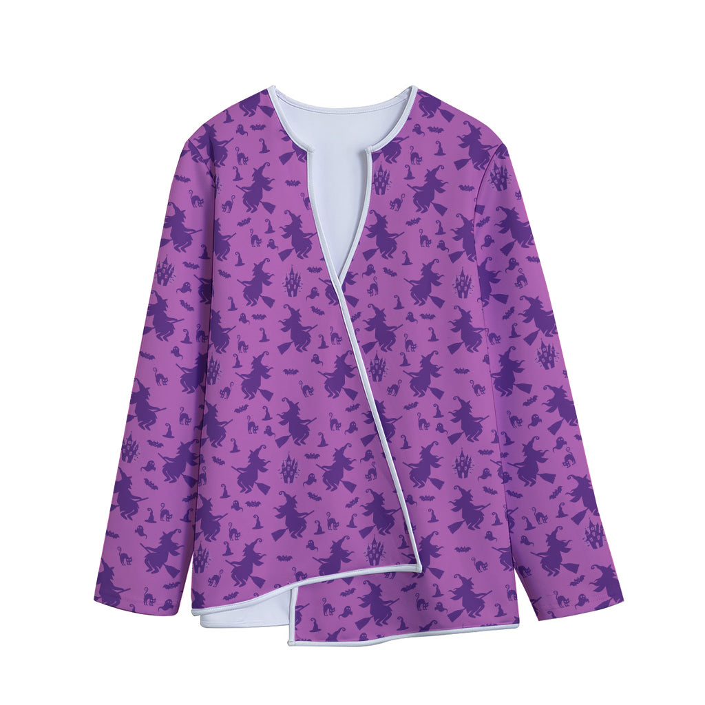 Purple Halloween Witch Pattern Print Long Sleeve Short Coat