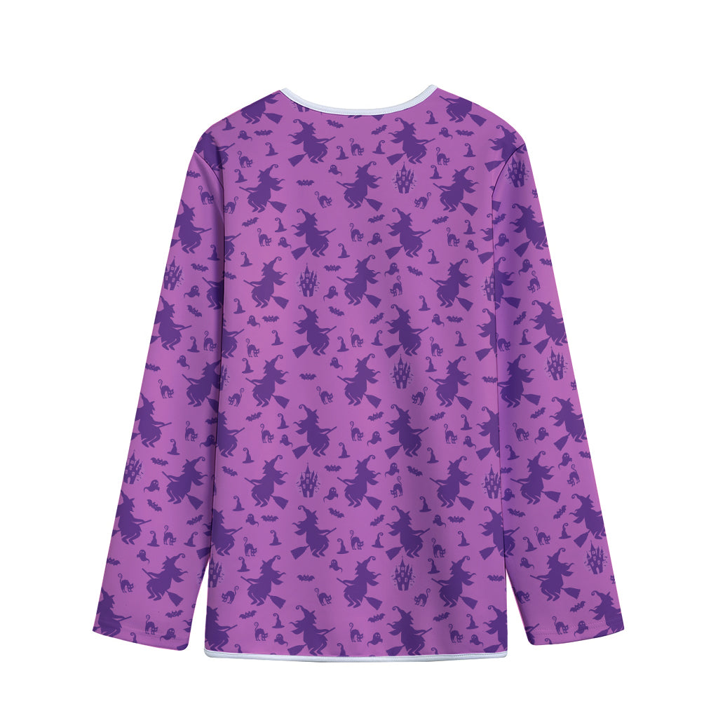 Purple Halloween Witch Pattern Print Long Sleeve Short Coat