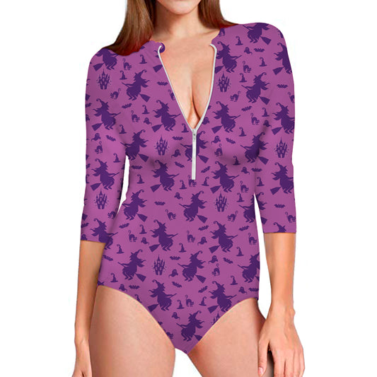 Purple Halloween Witch Pattern Print Long Sleeve Swimsuit