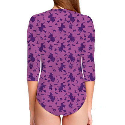 Purple Halloween Witch Pattern Print Long Sleeve Swimsuit