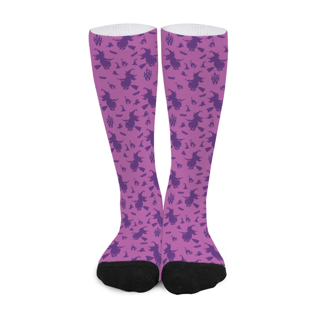 Purple Halloween Witch Pattern Print Long Socks