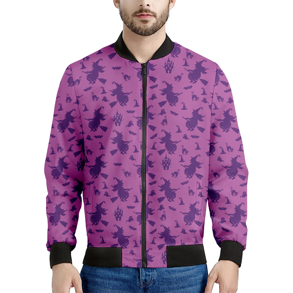 Purple Halloween Witch Pattern Print Men's Bomber Jacket