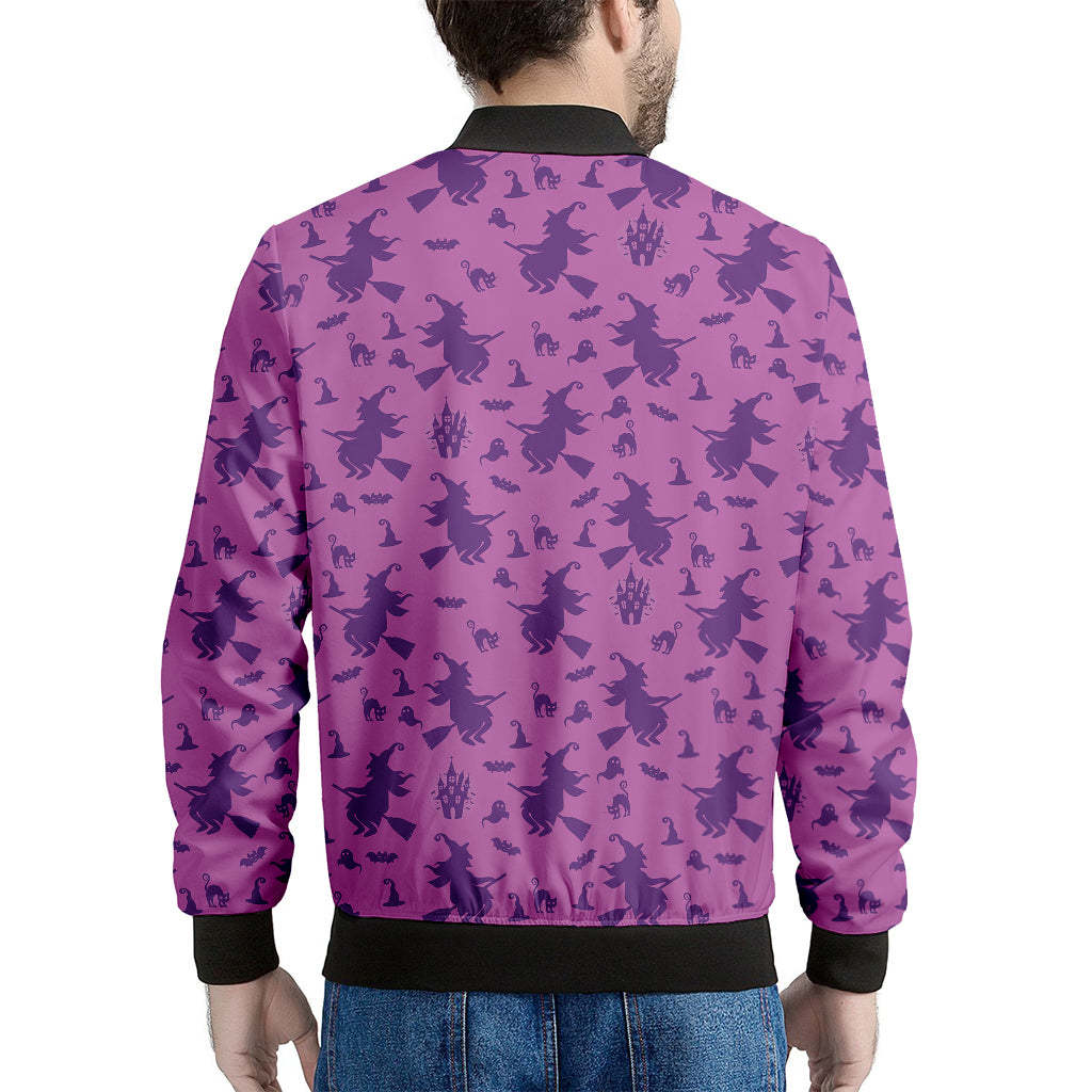 Purple Halloween Witch Pattern Print Men's Bomber Jacket