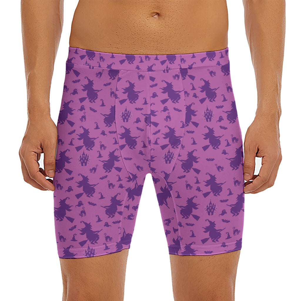 Purple Halloween Witch Pattern Print Men's Long Boxer Briefs