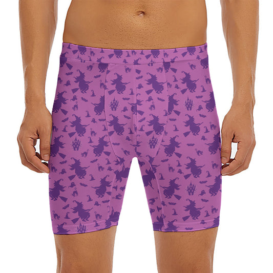 Purple Halloween Witch Pattern Print Men's Long Boxer Briefs