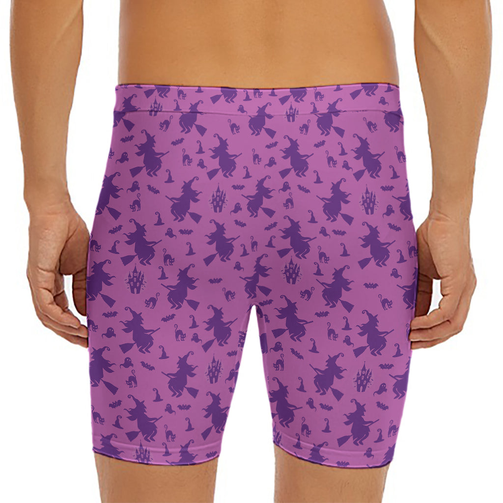 Purple Halloween Witch Pattern Print Men's Long Boxer Briefs