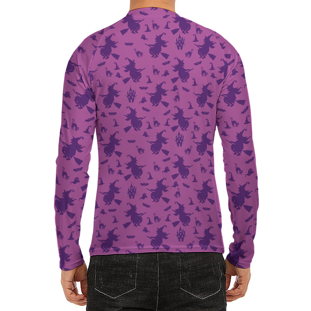 Purple Halloween Witch Pattern Print Men's Long Sleeve Rash Guard
