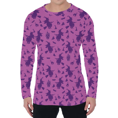 Purple Halloween Witch Pattern Print Men's Long Sleeve T-Shirt