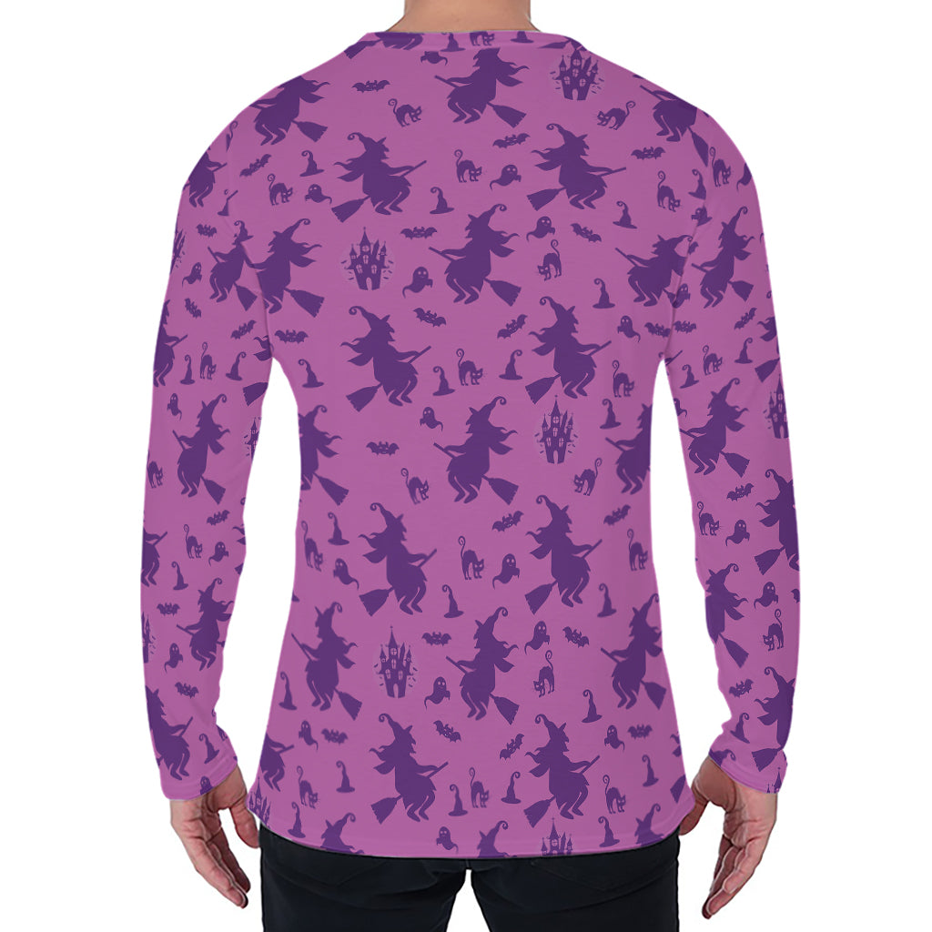 Purple Halloween Witch Pattern Print Men's Long Sleeve T-Shirt