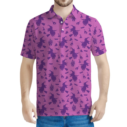 Purple Halloween Witch Pattern Print Men's Polo Shirt