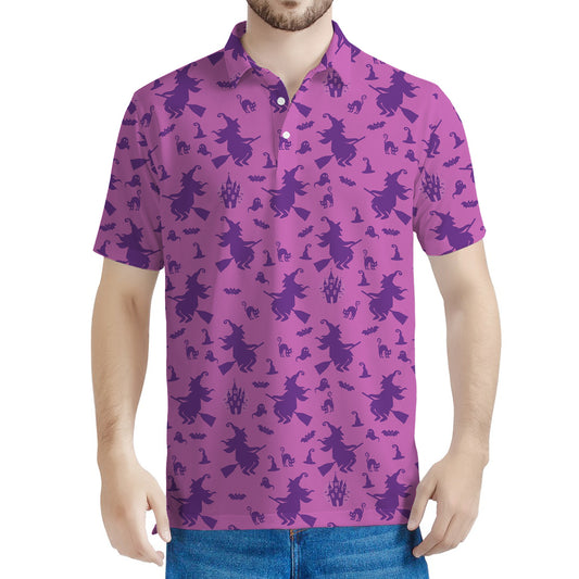 Purple Halloween Witch Pattern Print Men's Polo Shirt