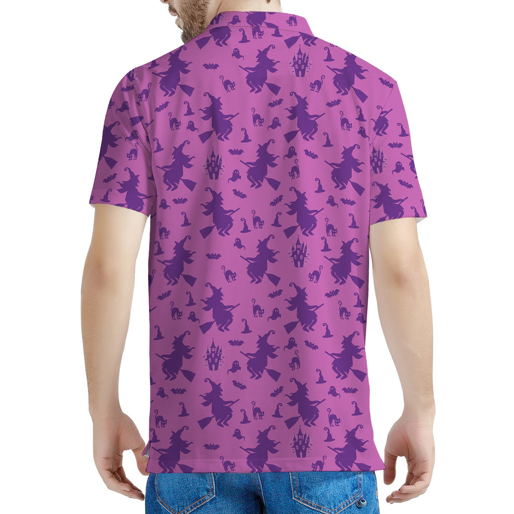 Purple Halloween Witch Pattern Print Men's Polo Shirt