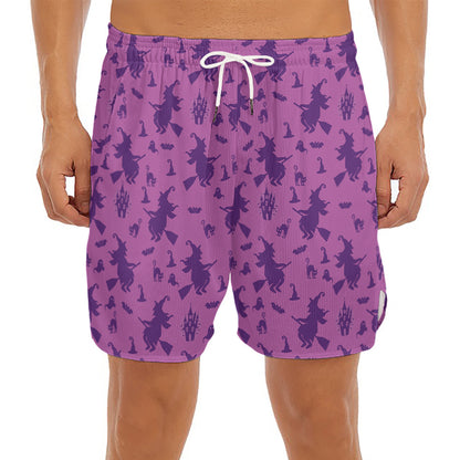 Purple Halloween Witch Pattern Print Men's Split Running Shorts