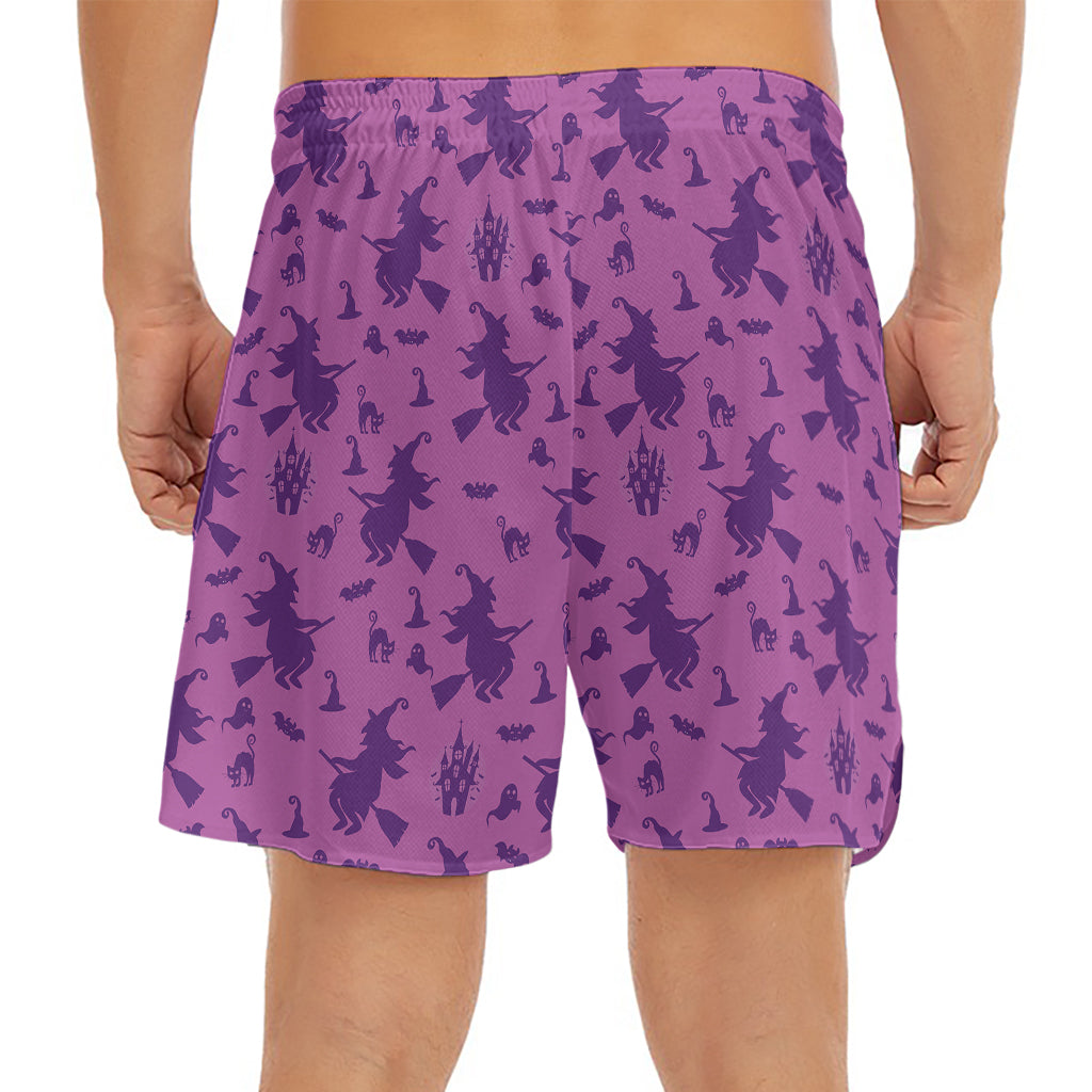 Purple Halloween Witch Pattern Print Men's Split Running Shorts