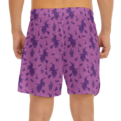 Purple Halloween Witch Pattern Print Men's Split Running Shorts