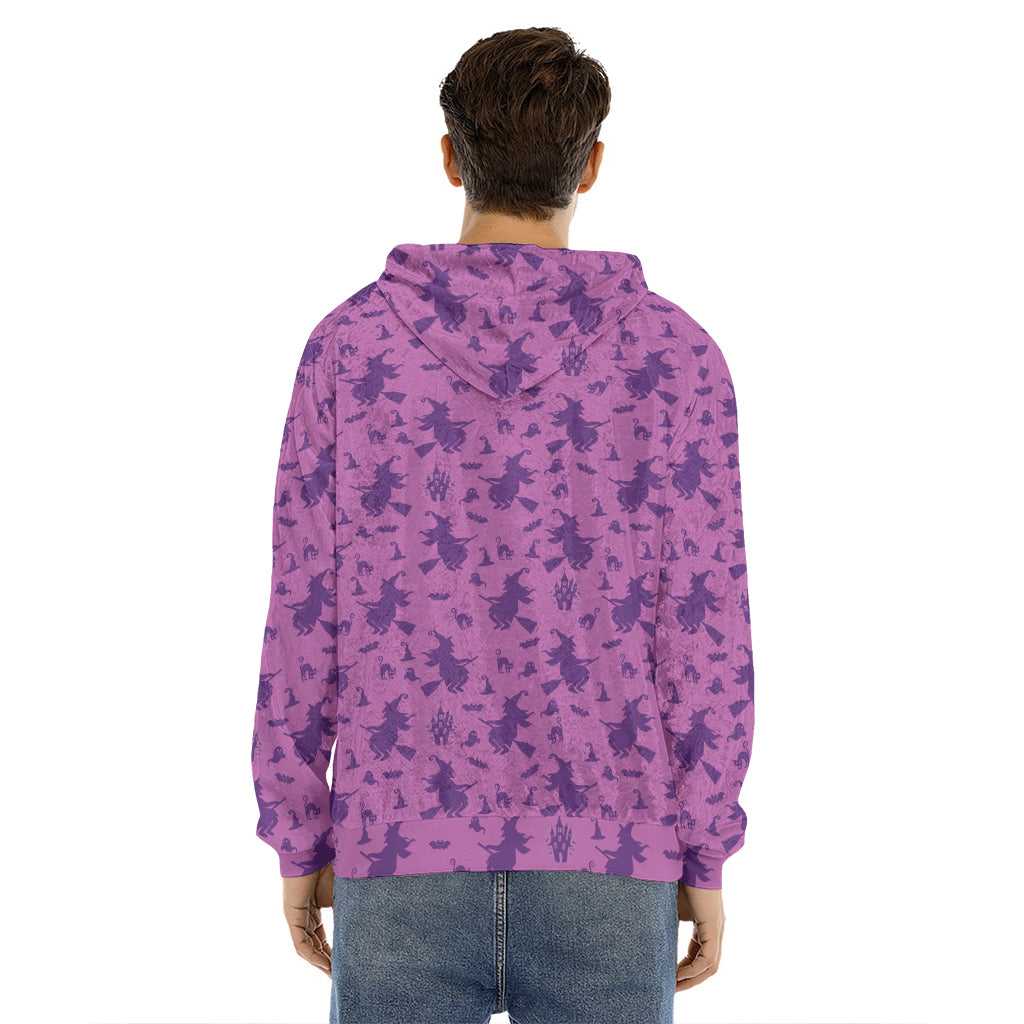 Purple Halloween Witch Pattern Print Men's Velvet Pullover Hoodie