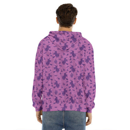 Purple Halloween Witch Pattern Print Men's Velvet Pullover Hoodie