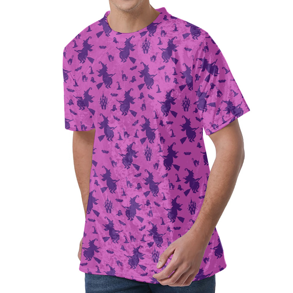Purple Halloween Witch Pattern Print Men's Velvet T-Shirt