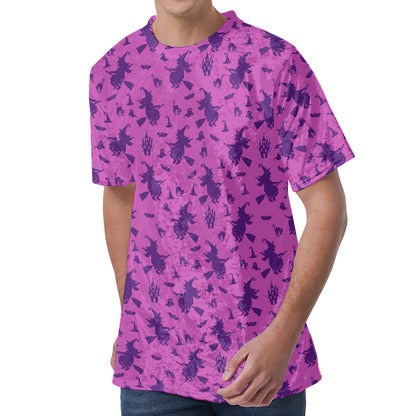 Purple Halloween Witch Pattern Print Men's Velvet T-Shirt