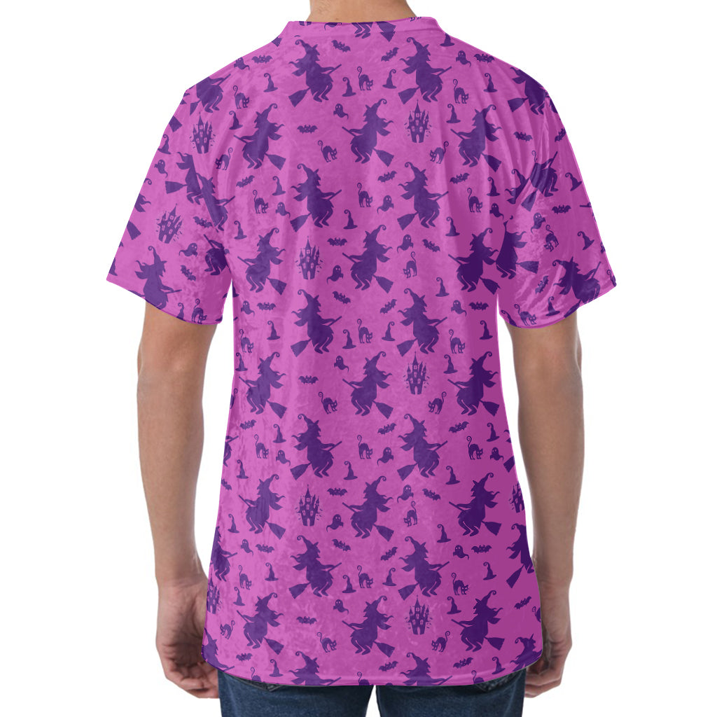 Purple Halloween Witch Pattern Print Men's Velvet T-Shirt