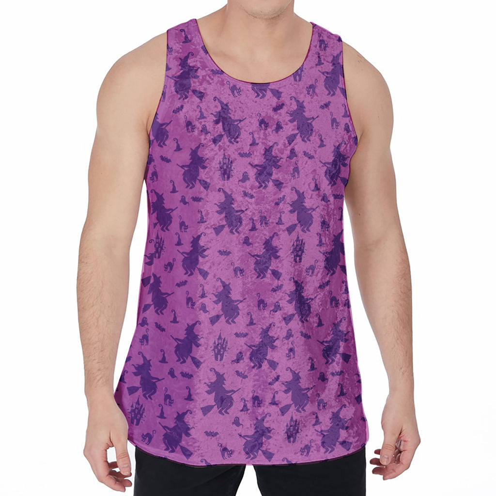Purple Halloween Witch Pattern Print Men's Velvet Tank Top