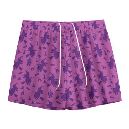 Purple Halloween Witch Pattern Print Mesh Shorts