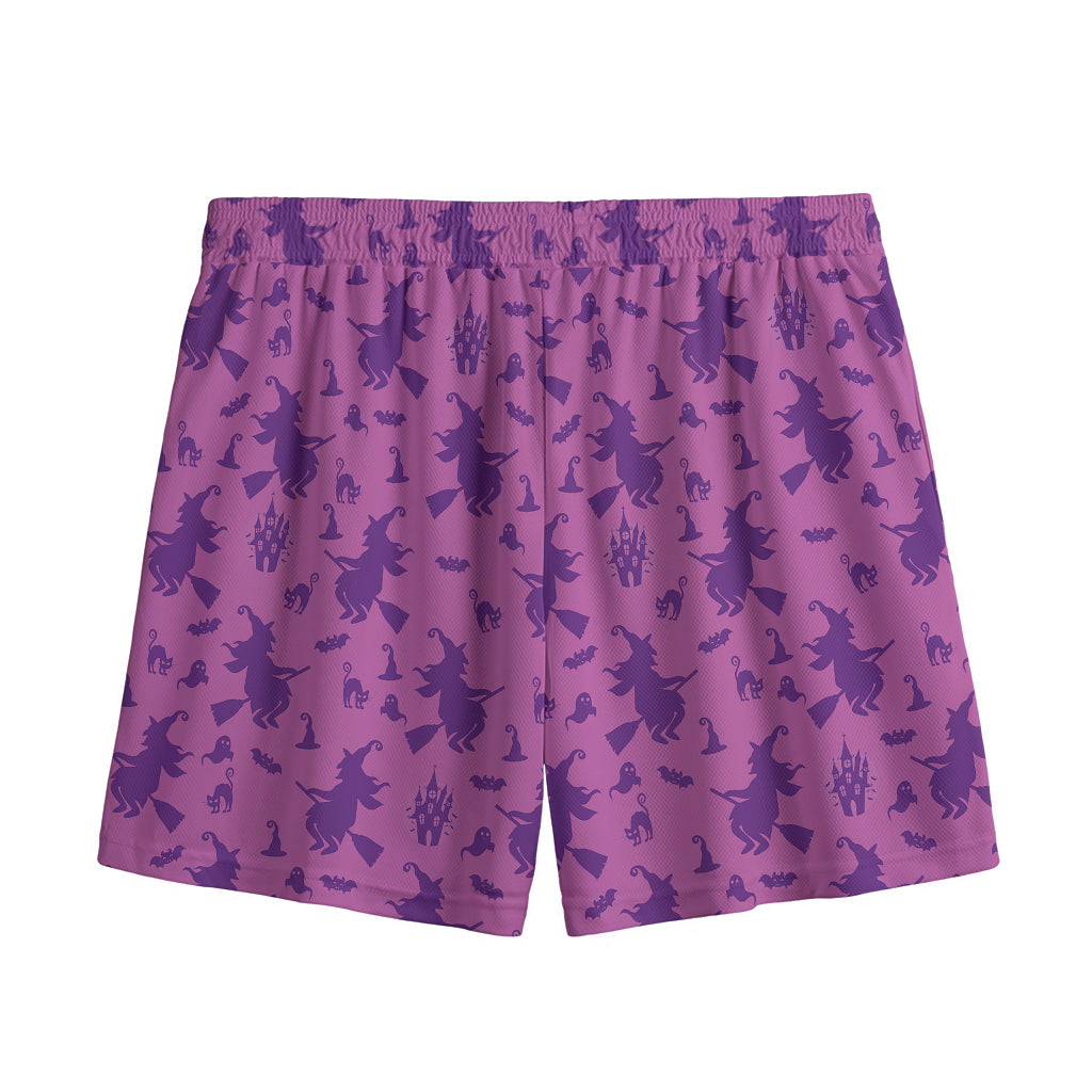 Purple Halloween Witch Pattern Print Mesh Shorts