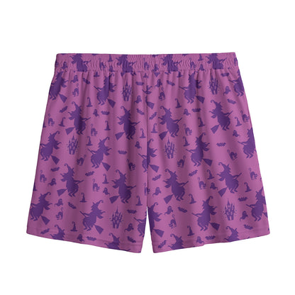 Purple Halloween Witch Pattern Print Mesh Shorts