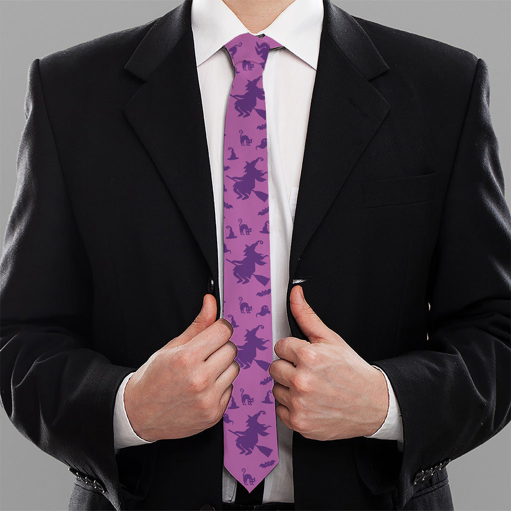 Purple Halloween Witch Pattern Print Necktie