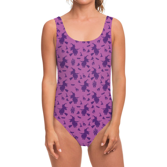 Purple Halloween Witch Pattern Print One Piece Swimsuit
