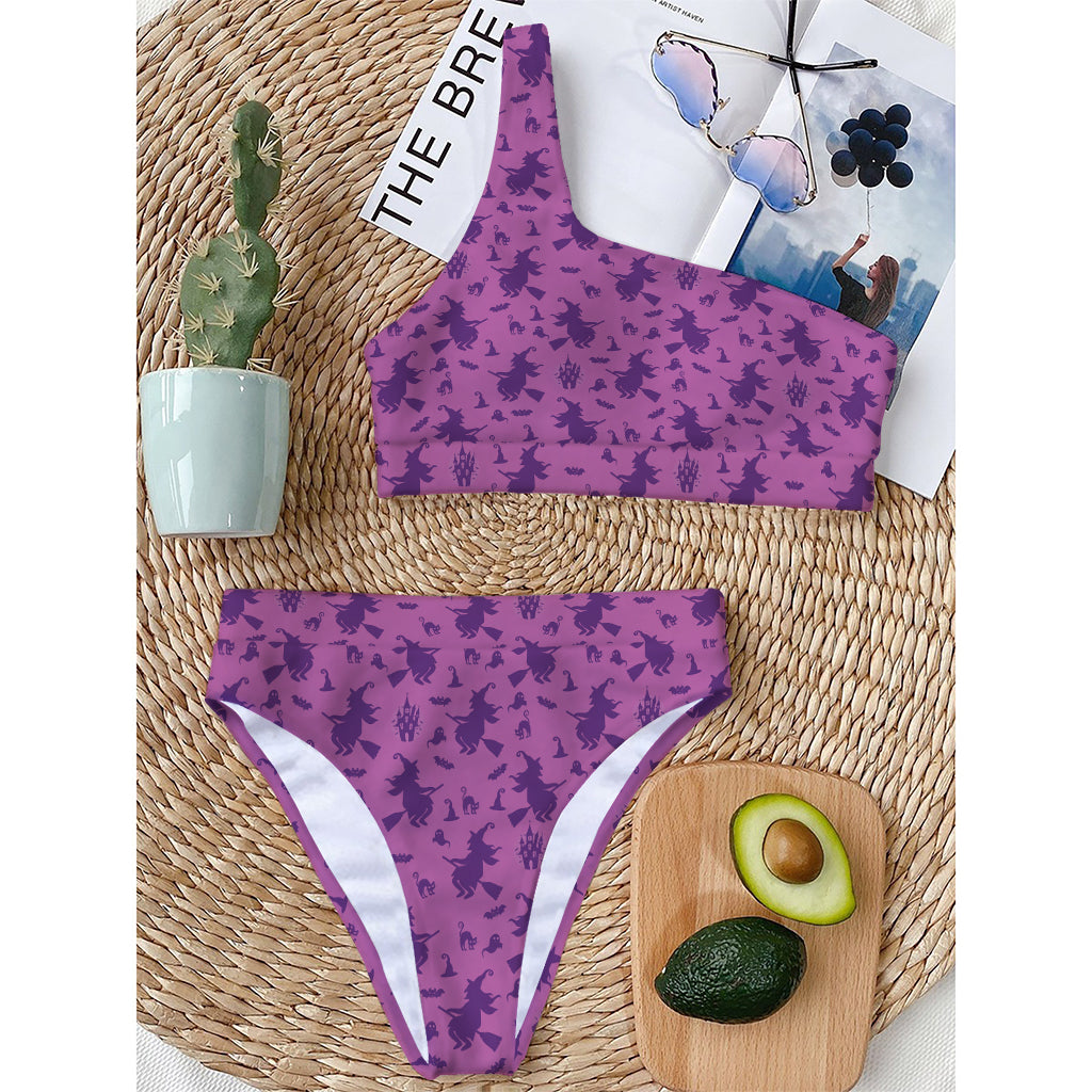 Purple Halloween Witch Pattern Print One Shoulder Bikini Top