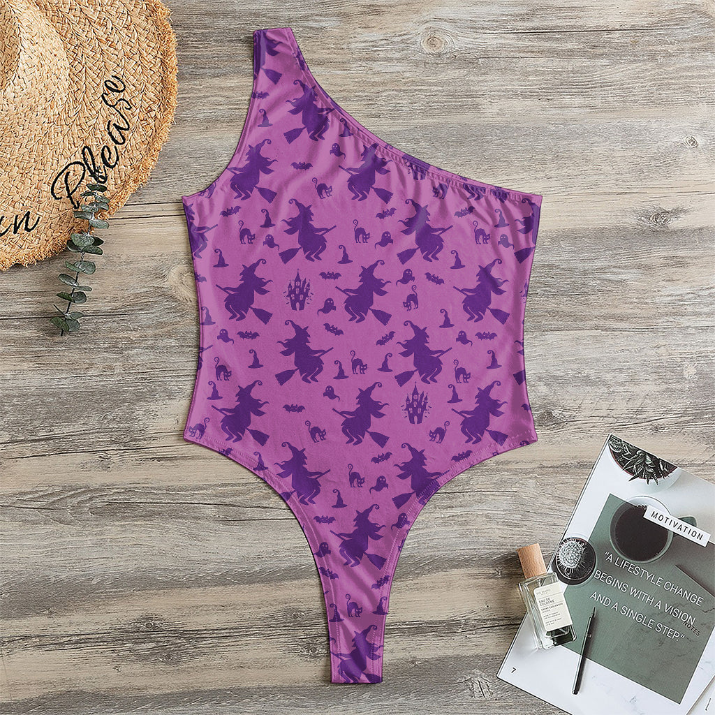 Purple Halloween Witch Pattern Print One Shoulder Bodysuit