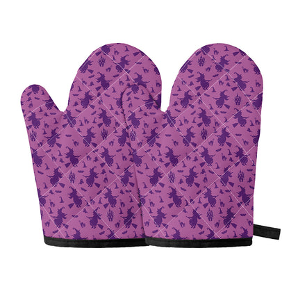 Purple Halloween Witch Pattern Print Oven Mitts
