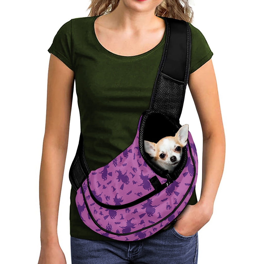 Purple Halloween Witch Pattern Print Pet Sling Carrier