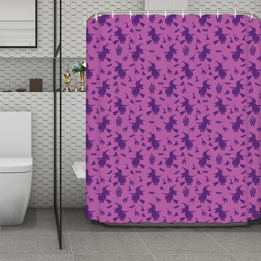 Purple Halloween Witch Pattern Print Polyester Shower Curtain