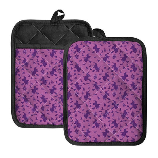 Purple Halloween Witch Pattern Print Pot Holders With Pocket