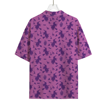 Purple Halloween Witch Pattern Print Rayon Hawaiian Shirt