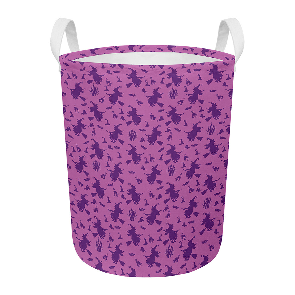 Purple Halloween Witch Pattern Print Round Laundry Basket