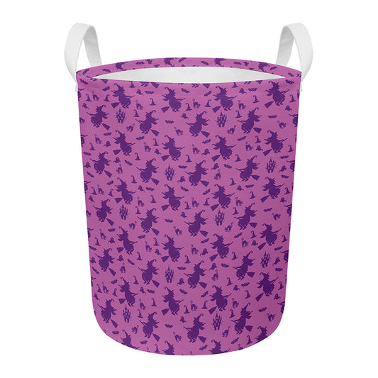 Purple Halloween Witch Pattern Print Round Laundry Basket