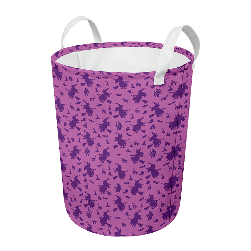 Purple Halloween Witch Pattern Print Round Laundry Basket
