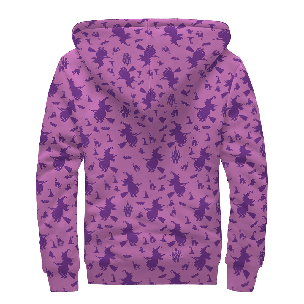 Purple Halloween Witch Pattern Print Sherpa Lined Zip Up Hoodie