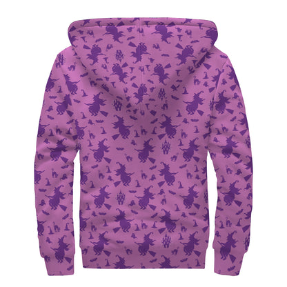 Purple Halloween Witch Pattern Print Sherpa Lined Zip Up Hoodie