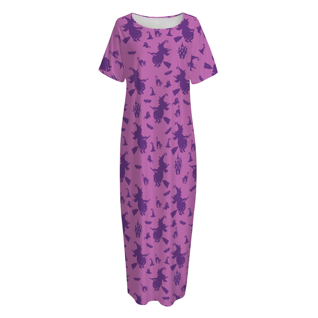 Purple Halloween Witch Pattern Print Short Sleeve Long Nightdress